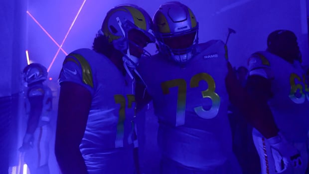 Dec 17, 2023; Inglewood, California, USA; Los Angeles Rams wide receiver Puka Nacua (17) and guard Steve Avila (73) before playing against the Washington Commanders at SoFi Stadium.